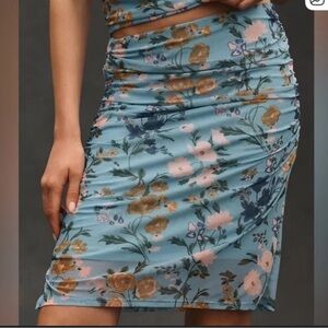 Anthropologie Floral Mesh Pencil Skirt in Blue and Brown